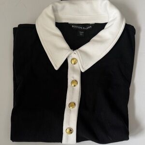 Boston Proper Black Top with White Collar and Gold Buttons nwt